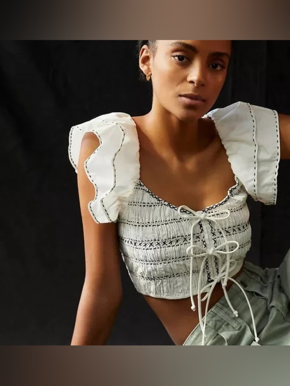 Anthropologie Smocked Ruffle Sleeve Lace-Up Crop Top White Black Women’s Size S